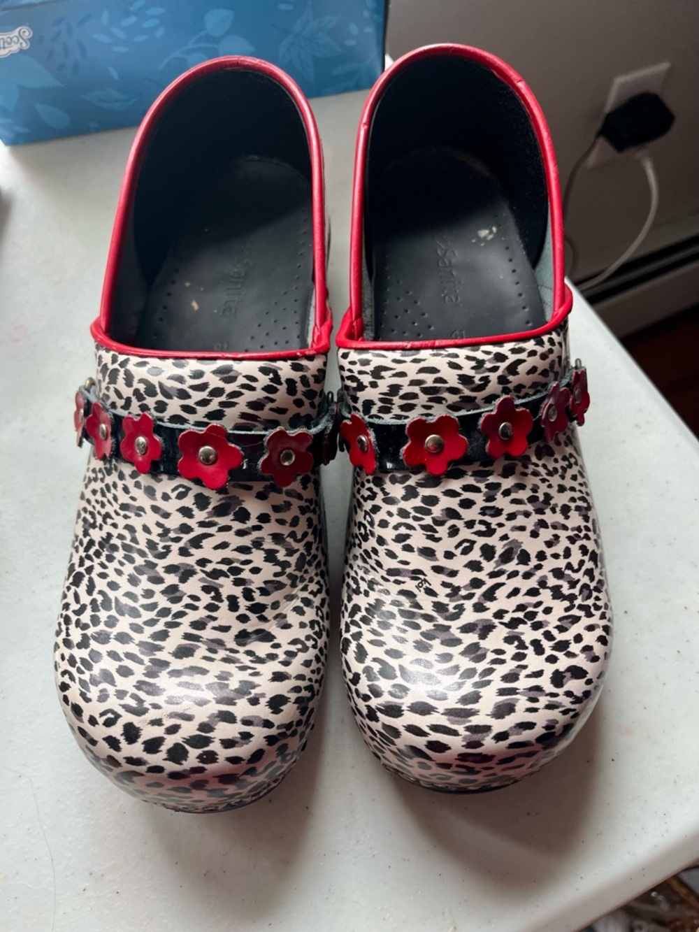 Leopard Print Floral Strap Sanita   Clogs with Red Trim.